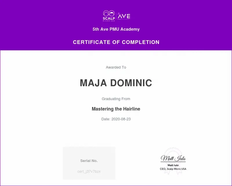 Certificate of completion for mastering the hairline