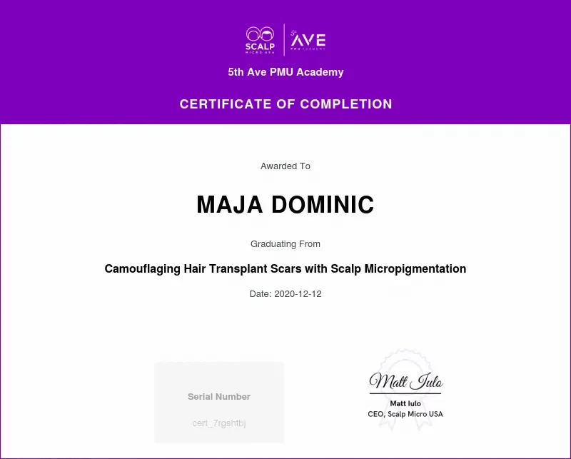 Certificate of completion for camouflaging hair transplant scars with scalp-micropigmentation
